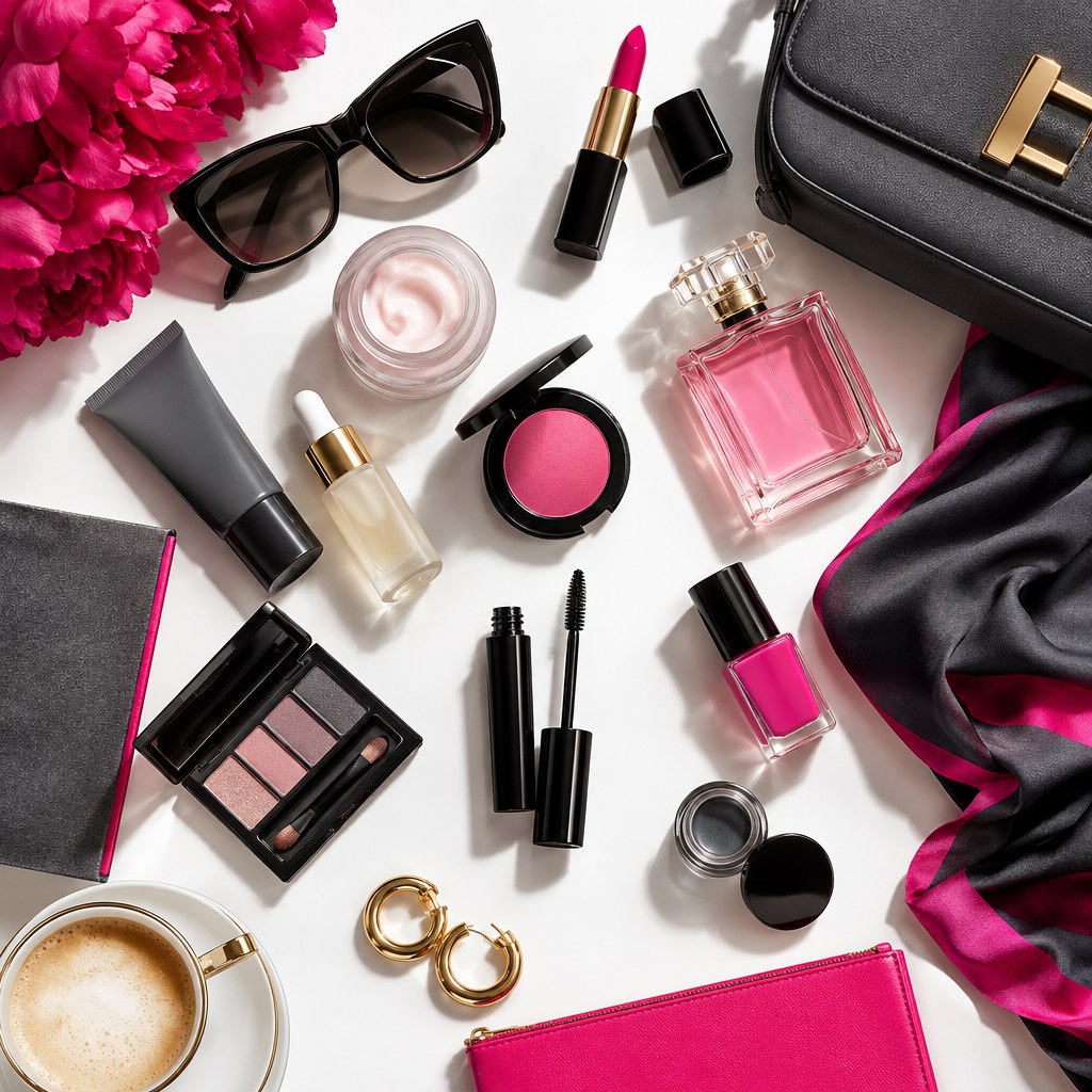 Editorial beauty flat lay with makeup, skincare and fashion accessories